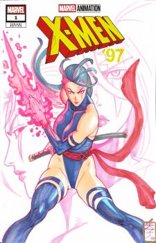  1girl acecore2k blue_eyes breasts bridal_gauntlets commentary copyright_logo copyright_name cover_sketch energy_sword english_commentary full_body gluteal_fold grey_hair highleg highleg_leotard highres katana large_breasts leotard logo long_hair looking_at_viewer marker_(medium) marvel pen_(medium) pink_lips psylocke purple_bridal_gauntlets purple_leotard purple_thighhighs red_sash sash scar scar_across_eye scar_on_face solo sword thigh_strap thighhighs traditional_media waist_sash weapon white_background x-men 