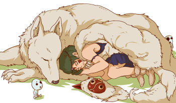  1girl 1other akamidoriao_(rgb) armband bare_arms bare_shoulders blue_dress boots cape claws commentary_request dress facepaint fetal_position fur_cape kodama lying mask mononoke_hime on_side sleeping studio_ghibli unworn_mask wolf 