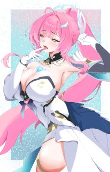  1girl absurdres aemeath_(wuthering_waves) alternate_breast_size_(larger) arms_up bare_shoulders blush breasts cleavage commentary elbow_gloves finger_to_tongue gloves hair_between_eyes hair_ornament heart highres large_breasts leotard long_hair mewwa naughty_face open_mouth orange_eyes pink_hair ponytail solo star-shaped_pupils star_(symbol) strapless strapless_leotard symbol-shaped_pupils tacet_mark_(wuthering_waves) thighs tongue tongue_out white_gloves white_leotard wuthering_waves 