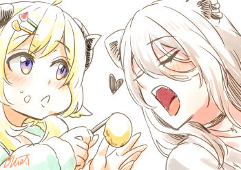  2girls animal_ears blonde_hair blueta9810 cheek_bulge choker eyelashes fangs feeding female_focus food food_on_face grey_hair hair_between_eyes hair_ornament hairclip hololive horns lion_ears long_hair multiple_girls open_mouth purple_eyes sheep_girl sheep_horns shishiro_botan shishiro_botan_(midnight_convenience_store) takoyaki tsunomaki_watame tsunomaki_watame_(loungewear) virtual_youtuber  rating:General score:1 user:orochijes