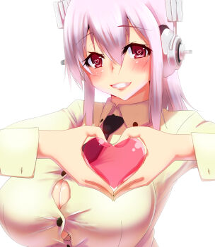  1girl blush breasts bursting_breasts cleavage female_focus grin headphones heart heart-shaped_pupils heart_hands highres large_breasts long_hair looking_at_viewer nitroplus pink_eyes pink_hair smile solo super_sonico symbol-shaped_pupils upper_body yamaneko_ken 