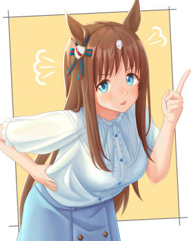  1girl amazumi animal_ears blue_eyes blue_skirt blush bow breasts brown_hair commentary_request ear_bow ear_ribbon grass_wonder_(casual)_(umamusume) grass_wonder_(umamusume) hand_on_own_hip highres horse_ears horse_girl index_finger_raised leaning_forward long_hair looking_at_viewer medium_breasts open_mouth puff_of_air shirt short_sleeves skirt solo umamusume white_hair white_shirt 