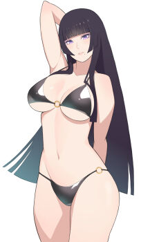  1girl absurdres arm_up bikini black_bikini black_hair blunt_bangs blunt_ends breasts breasts_apart commentary_request cowboy_shot dead_or_alive dead_or_alive_5 highres hime_cut konishiki_(52siki) large_breasts long_hair looking_at_viewer mole mole_under_mouth navel nyotengu o-ring o-ring_top purple_eyes simple_background solo standing stomach swimsuit thighs underboob white_background 