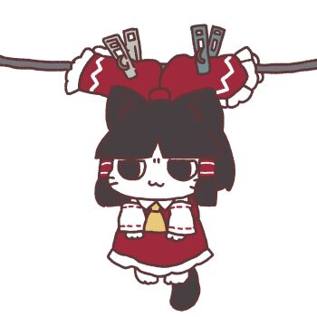  1girl :3 animal_ears ascot black_hair bow cat_ears cat_girl cat_tail chibi chibi_only clothes_pin clothesline detached_sleeves facing_viewer full_body hair_bow hair_tubes hakurei_reimu hanging_from_clothesline highres jitome kemonomimi_mode medium_hair mensoreimuremu mini_person minigirl no_pupils red_bow red_shirt red_skirt ribbon-trimmed_sleeves ribbon_trim shirt sidelocks sideways_glance simple_background skirt solo tail touhou unamused whiskers white_background white_sleeves yellow_ascot 