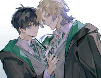  2boys alternate_costume blonde_hair blue_eyes blue_hair blue_lock collared_shirt commentary eyeliner flower_tattoo green_necktie green_robe highres hood hood_down hooded_robe isagi_yoichi looking_at_viewer makeup male_focus michael_kaiser multicolored_hair multiple_boys neck_tattoo necktie pcal_pcal red_eyeliner robe shirt short_hair short_hair_with_long_locks simple_background tattoo two-tone_hair undone_necktie upper_body white_background white_shirt yaoi 