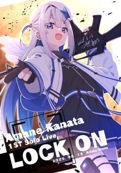  1girl amane_kanata amane_kanata_(work) angel angel_wings assault_rifle asymmetrical_bangs asymmetrical_hair asymmetrical_legwear belt beret black_dress black_gloves blue_belt blue_hair blue_thighhighs blue_wings blush colored_inner_hair commentary_request dress feathered_wings gloves gradient_wings gun hair_between_eyes hair_ornament hairclip halo hat high_collar hikawa_shou holding holding_gun holding_weapon hololive jacket jewelry long_hair long_sleeves looking_at_viewer low_twintails mini_wings mismatched_legwear multicolored_hair multicolored_wings official_alternate_costume official_alternate_hair_length official_alternate_hairstyle open_mouth partially_fingerless_gloves pink_streaks pleated_dress pouch puffy_long_sleeves puffy_sleeves purple_eyes rifle short_dress single_hair_intake single_thighhigh smile solo star_(symbol) streaked_hair thigh_pouch thigh_strap thighhighs twintails uneven_legwear virtual_youtuber weapon white_hair white_hat white_jacket wings 