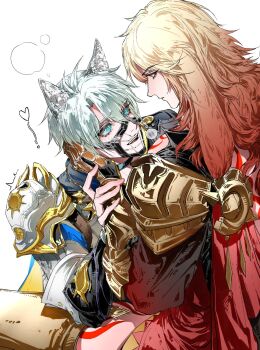  2boys animal_ears antenna_hair armlet armor back_tattoo black_choker black_coat black_shirt blonde_hair blue_eyes broomhmh chest_tattoo chinese_commentary choker clawed_gauntlets coat commentary_request earrings eye_contact gold_earrings gold_necklace gradient_hair highres honkai:_star_rail honkai_(series) jewelry leg_armor looking_at_another male_focus medium_hair multicolored_hair multiple_boys muzzle_(mask) mydei_(honkai:_star_rail) neck_tattoo necklace open_clothes open_coat parted_bangs pauldrons phainon_(honkai:_star_rail) rabbit_boy rabbit_ears red_hair red_tattoo shirt short_hair shoulder_armor single_pauldron sun_symbol sun_tattoo tan tattoo white_background white_coat white_hair wolf_boy wolf_ears yaoi yellow_eyes 