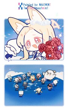 6+girls animal_ear_fluff animal_ears arona_(blue_archive) artist_name atsuko_(blue_archive) blonde_hair blue_archive bouquet clapping cloud congratulations detached_sleeves dress flower fox_ears fox_girl halo hanako_(blue_archive) hanako_(swimsuit)_(blue_archive) hifumi_(blue_archive) highres holding holding_bouquet holding_hose hose koharu_(blue_archive) long_hair mari_(blue_archive) meme mika_(blue_archive) mine_(blue_archive) multiple_girls naatmint nagisa_(blue_archive) omedetou!_(meme) open_mouth parody peroro_(blue_archive) pink_halo plana_(blue_archive) playable_character_celebration red_halo rose scene_reference seia_(blue_archive) serina_(blue_archive) shiroko_(blue_archive) shiroko_terror_(blue_archive) twitter_username white_dress yellow_eyes yellow_halo