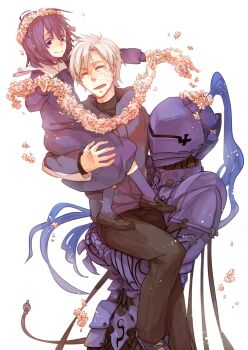  1girl 2boys armor berserker_(fate/zero) cacaococoa child dress fate/stay_night fate/zero fate_(series) flower full_armor good_end hair_ribbon head_wreath highres hood hoodie knight matou_kariya matou_sakura multiple_boys oonyuudou purple_hair ribbon uncle_and_niece white_hair aged_down  rating:Sensitive score:7 user:danbooru