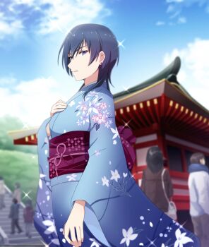  2boys 2others 3girls architecture bag black_hair blue_hair blue_kimono blue_sky brown_hair brown_jacket brown_pants closed_mouth cloud cowboy_shot day earrings east_asian_architecture floral_print floral_print_kimono from_side game_cg hand_on_own_chest handbag jacket japanese_clothes jewelry kimono long_sleeves looking_to_the_side medium_hair multiple_boys multiple_girls multiple_others obi official_art outdoors pants print_kimono purple_eyes purple_sash sash sideways_glance sky solo_focus souraku_yuzuki sparkle stairs stone_stairs stud_earrings third-party_source toji_no_miko toji_no_miko:_kizamishi_issen_no_tomoshibi tsurime white_bag white_jacket 