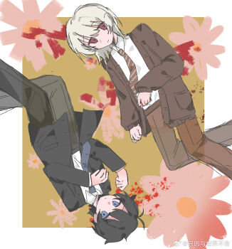  2boys akinashi_haru black_hair black_jacket black_pants blood_on_flower blue_eyes blue_necktie brown_cardigan brown_pants cardigan chinese_commentary circle_formation collared_shirt commentary_request diagonal-striped_clothes diagonal-striped_necktie dress_shirt feet_out_of_frame fishinnnnnnn flower formal_clothes hands_up highres jacket looking_at_viewer male_focus multiple_boys necktie outside_border pants pink_flower red_eyes red_necktie saihate_eki shirt striped_clothes suit_jacket tatsunami_shion white_hair white_shirt 