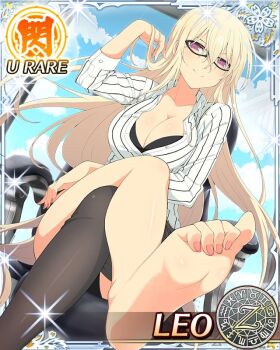  1girl adjusting_hair aquarius_(symbol) aries_(symbol) barefoot black_bra black_panties black_thighhighs blonde_hair blue_sky blush border bra breasts cancer_(symbol) capricorn_(symbol) card_(medium) chair character_name cleavage closed_mouth cloud cloudy_sky collarbone crossed_legs day dodecagram english_text feet fingernails foot_focus gemini_(symbol) glasses hair_between_eyes indoors large_breasts leo_(senran_kagura) leo_(symbol) libra_(symbol) long_hair looking_at_viewer nail_polish official_art panties pink_nails pisces_(symbol) purple_eyes red_nails sagittarius_(symbol) school_emblem scorpio_(symbol) seductive_smile senran_kagura senran_kagura_new_wave shirt single_thighhigh sitting sky smile solo striped_clothes striped_shirt swivel_chair taurus_(symbol) thighhighs toenail_polish toenails toes trading_card underwear vertical-striped_clothes vertical-striped_shirt very_long_hair virgo_(symbol) white_shirt window zodiac_wheel 