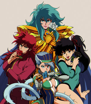  2boys 2girls aiming aiming_at_viewer armor athletic_leotard bare_shoulders black_flower black_hair black_rose blue_cape blue_eyes blue_hair blue_nails blue_rose_(tiger_&amp;_bunny) breasts brown_eyes cape commentary crossover crystal_earrings earrings elbow_gloves english_commentary eyelashes eyeshadow fingernails flower flower_to_mouth gakuran gloves gold_armor gold_cloth gold_saint green_eyes green_eyeshadow green_leotard green_lips grey_background gun hand_up handgun hands_up highres holding holding_flower holding_gun holding_weapon jewelry kunou_kodachi kurama_(yu_yu_hakusho) leg_up leotard lipstick long_fingernails long_hair long_sleeves looking_at_viewer low_neckline makeup medium_breasts mole mole_under_eye multiple_boys multiple_crossover multiple_girls nail_polish off-shoulder_leotard open_mouth pauldrons pink_lips pisces_aphrodite plant polmcarts ranma_1/2 red_flower red_hair red_rose rose saint_seiya school_uniform shoulder_armor side_ponytail simple_background sleeved_leotard smile stud_earrings superhero_costume teeth thorns tiger_&amp;_bunny trait_connection trap upper_teeth_only vines weapon white_flower white_rose yuu_yuu_hakusho 