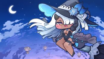  1girl aircraft aya_(trickcal) black_leotard breasts broom broom_riding butter_(trickcal) character_balloon commentary_request diana_(trickcal) full_body hat highres horns hot_air_balloon kommy_(trickcal) korean_commentary leotard long_hair looking_at_viewer monyami moon night outdoors sidesaddle solo tan thigh_strap trickcal witch_hat 