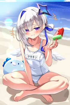  1girl absurdres amane_kanata angel_wings asymmetrical_bangs barefoot beach blue_hair blue_halo blush bob_cut breasts collarbone feathered_wings feet food grey_hair hair_between_eyes halo highres holding holding_food holding_popsicle hololive inokeiwd loli looking_at_viewer mini_wings multicolored_hair one-piece_swimsuit open_mouth popsicle purple_eyes short_hair single_hair_intake sitting small_breasts smile solo star_halo swimsuit tilted_halo toes upao_(amane_kanata) virtual_youtuber white_one-piece_swimsuit white_wings wings 