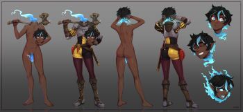 1futa armor artist_name ass axe barefoot black_shorts boobplate boots breastplate breasts brown_boots brown_gloves brown_hair completely_nude d-rex dullahan fangs full_body futanari gloves gradient_background green_eyes green_hair grey_background highres holding holding_axe holding_weapon medium_penis multicolored_hair navel nipples nude original penis short_hair shorts small_breasts standing teeth two-tone_hair weapon white_eyes yellow_shorts