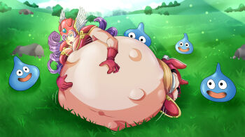  1girl armor big_belly bikini_armor blue_eyes commission commissioner_upload curly_hair dragon_quest dragon_quest_iii fantasy field grass hands_on_own_stomach helmet hyper_pregnancy lying midriff monster navel on_side open_mouth outdoors pregnant purple_hair second-party_source slime_(dragon_quest) square_enix sunlight surprised warrior_(dq3) winged_helmet worried 