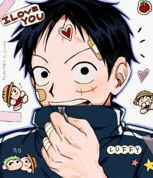  2boys apple bandaged_fingers bandages bandaid bandaid_on_cheek bandaid_on_face bandaid_on_forehead black_hair black_jacket blush character_name chibi chibi_inset commentary facial_scar food fruit green_hair hat heart highres jacket jjerri00 looking_at_viewer male_focus monkey_d._luffy multiple_boys notice_lines one_piece open_mouth roronoa_zoro scar scar_on_cheek scar_on_face short_hair star_(symbol) straw_hat symbol-only_commentary track_jacket upper_body yaoi zipper 