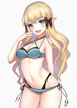  1girl :d absurdres aqua_bikini arm_behind_back bikini black_bow blonde_hair blue_eyes bow breasts cleavage commentary cowboy_shot criss-cross_halter elf hair_bow halterneck hanba_rou highres layered_bikini long_hair looking_at_viewer medium_breasts navel o-ring o-ring_bikini o-ring_top open_mouth pointy_ears princess_connect! saren_(princess_connect!) saren_(summer)_(princess_connect!) side-tie_bikini_bottom smile solo standing swimsuit white_background 