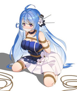  1girl absurdres arms_behind_back azur_lane bare_shoulders bdsm blue_hair bondage bound bound_legs bound_torso breasts choker commentary_request dress female_focus flower formal_clothes frogtie full_body gag hair_ornament helena_(azur_lane) helena_(may_i_have_this_dance?)_(azur_lane) highres kneeling long_hair multicolored_dress official_alternate_costume purple_eyes restrained shibari shibari_over_clothes simple_background solo strapless strapless_dress very_long_hair white_background white_flower wo_cao_xiao 