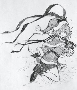  1girl absurdres alternate_costume belt bike_shorts capelet carbohydrate_(asta4282) closed_mouth commentary_request dress fur-trimmed_capelet fur-trimmed_headwear fur-trimmed_sleeves fur_trim gloves greyscale hat hat_ribbon heart highres holding holding_sack long_sleeves looking_at_viewer monochrome nagae_iku ribbon sack santa_costume santa_dress santa_hat shoes smile solo touhou traditional_media 