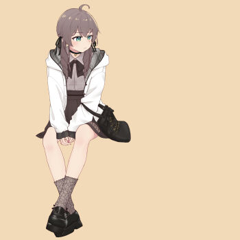  1girl 1nose_yuuka ahoge bag black_bow black_bowtie black_choker black_shoes bow bowtie brown_hair choker closed_mouth collared_shirt grey_shirt grey_socks hair_ribbon handbag hashtag-only_commentary highres hololive invisible_chair jacket jewelry lace_socks long_sleeves looking_to_the_side natsuiro_matsuri natsuiro_matsuri_(casual) official_alternate_costume official_alternate_hairstyle plaid_clothes plaid_jacket plaid_shirt ribbon shirt shoes simple_background sitting skirt sleeves_past_wrists socks solo twintails virtual_youtuber white_jacket yellow_background 
