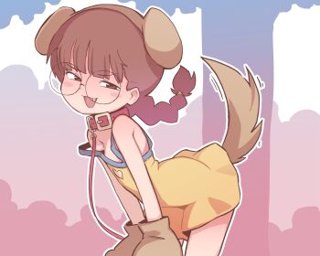 1girl animal_ears animal_hands bdsm collar dog_ears dog_tail dress female_focus flat_chest glasses gloves highres leash loli mesugaki_(orenji) orenjipiiru original paw_gloves pet_play round_eyewear simple_background slave smug tail tree two-tone_dress yellow_dress rating:Sensitive score:254 user:danbooru