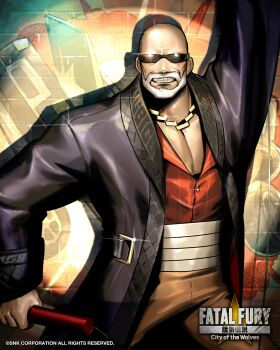 1boy artist_request bald beard black-framed_eyewear chain coat copyright_name copyright_notice escrima_stick facial_hair fatal_fury fatal_fury:_city_of_the_wolves holding holding_stick long_sleeves looking_at_viewer male_focus mr_big_(snk) mustache official_art ryuuko_no_ken snk solo stick sunglasses