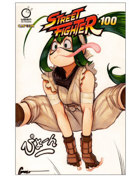  1girl artist_name asui_tsuyu bandaged_arm bandages black_scarf boku_no_hero_academia border bracer breasts brown_gloves capcom copyright_name cosplay fingerless_gloves gloves green_eyes green_hair hakama hakama_skirt ibuki_(street_fighter) ibuki_(street_fighter)_(cosplay) japanese_clothes jumping long_hair long_tongue medium_breasts ninja omar_dogan ponytail scarf signature simple_background skirt sleeveless solo street_fighter tongue tongue_out traditional_media very_long_hair white_background white_border 