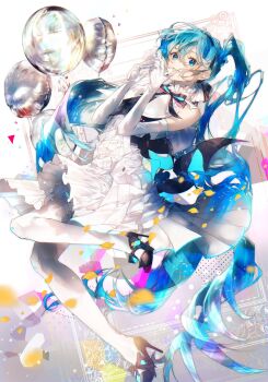  1girl balloon black_bow black_ribbon blue_eyes blue_hair blue_sky blush bodice bow breasts collar commentary_request dress footwear_bow frilled_skirt frills full_body gloves hair_ornament hatsune_miku high_heels highres karanagare layered_skirt long_hair long_skirt looking_at_viewer miku_symphony_(vocaloid) official_alternate_costume official_alternate_hairstyle open_mouth pumps ribbon skirt sky sleeveless sleeveless_dress smile solo twintails very_long_hair vocaloid white_collar white_gloves white_headdress white_skirt wrist_cuffs 