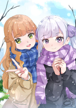 2girls black_clover green_eyes grey_hair long_hair looking_at_viewer mimosa_vermillion multiple_girls noelle_silva open_mouth orange_hair purple_eyes smile spicthudi twintails winter_clothes