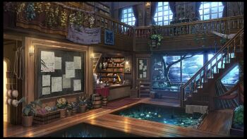  bakuinu barrel bookshelf candle carpet chalkboard commentary_request egg hanging highres indoors no_humans original plant pool poster_(object) potted_plant railing rubber_duck scenery stairs tree wall_lamp water window wooden_box wooden_floor wooden_wall 