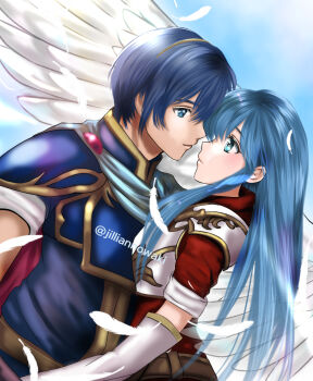  1boy 1girl blue_eyes blue_hair caeda_(fire_emblem) couple fire_emblem fire_emblem_warriors intelligent_systems jilliannowaki marth_(fire_emblem) nintendo  rating:General score:2 user:calum1998