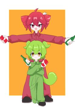  2girls :3 absurdres barnesman bottle can closed_mouth commentary_request crossed_arms drill_hair drink_can full_body green_hair green_jumpsuit highres holding holding_bottle holding_can jumpsuit kasane_teto korean_commentary long_sleeves looking_at_viewer multiple_girls on_one_knee open_mouth outside_border outstretched_arms red_eyes red_hair red_jumpsuit smile soda_can spread_arms standing straight-on twin_drills utau v-shaped_eyebrows voiceroid voicevox warera!_gomi_bunbetsu-dan_(synthesizer_v) yellow_eyes zundamon 