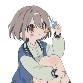  1girl bang_dream! bang_dream!_it's_mygo!!!!! blue_jacket blush_stickers brown_eyes collared_shirt commentary_request feet_out_of_frame grey_hair hair_between_eyes hand_up highres holding holding_rock jacket knees_up korean_commentary long_sleeves rock shirt short_hair simple_background sitting solo sparkle takamatsu_tomori ufo_(nmgk464) white_background white_shirt 