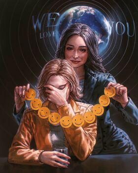  2girls black_hair blonde_hair carol_sturka closed_eyes earth_(planet) emoji emoticon happy highres multiple_girls planet pluribus_(tv_series) png_stalin short_hair zosia_(pluribus) 