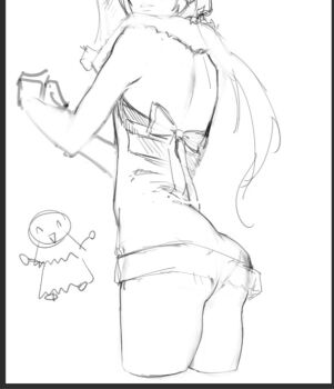  1boy :d ass back_bow backless_dress backless_outfit bow chibi chibi_inset christmas christmas_tree commentary cropped_legs dress edmond_(nu_carnival) english_commentary eyes_out_of_frame from_behind from_below halterneck hands_up head_out_of_frame kissawnshelly long_hair looking_back low_ponytail monochrome narrow_waist nu_carnival open_mouth panties pantylines pantyshot parted_lips ponytail short_dress simple_background sketch sleeveless sleeveless_dress smile solo_focus spine thighs underwear unfinished very_long_hair white_background 