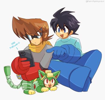  2boys absurdres arm_cannon black_hair blue_eyes brown_hair cellphone commentary english_commentary highres mega_man_(character) mega_man_(classic) mega_man_(series) milestone_celebration multiple_boys phone proto_man retro_fighting_robot robot_cat short_hair simple_background smartphone sunglasses tango_(mega_man) weapon white_background 