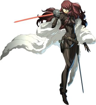  1girl belt bodysuit catsuit evoker framed_breasts full_body hair_over_one_eye highres kirijou_mitsuru lipstick long_hair makeup official_art oribe_hanako persona persona_3 persona_4:_the_ultimate_in_mayonaka_arena rapier red_eyes red_hair simple_background solo sword third-party_source transparent_background weapon 