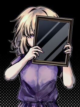  1girl arster black_background blonde_hair commentary_request cowboy_shot dress fingernails highres holding holding_mirror looking_at_viewer maribel_hearn medium_hair mirror missing_headwear one_eye_covered outline polka_dot polka_dot_background purple_dress purple_eyes purple_nails short_sleeves solo touhou white_outline 