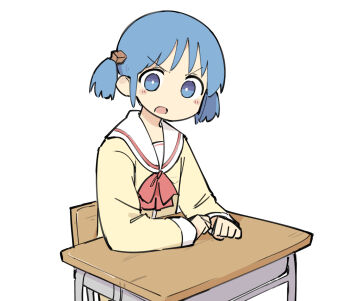  1girl blue_eyes blue_hair desk fusazakura long_sleeves naganohara_mio nichijou open_mouth sailor_collar school_uniform short_hair simple_background sitting solo v-shaped_eyebrows white_background white_sailor_collar  rating:General score:3 user:anon2anon2