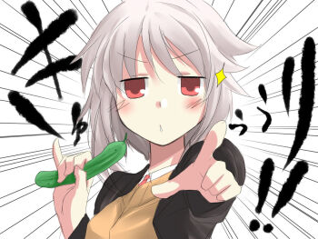  1girl food japanese_text jitome pointing pointing_at_viewer vegetable yamane_akira  rating:General score:1 user:taonajiologin