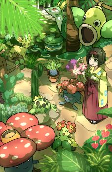  1girl bellossom black_hair botanical_garden cacnea cactus closed_eyes erika_(pokemon) flower gen_1_pokemon gen_2_pokemon gen_3_pokemon gen_4_pokemon gen_5_pokemon gloom_(pokemon) grass hairband hakama highres japanese_clothes kimono leaf leafeon lotad nintendo oddish pink_flower plant pokemon pokemon_(creature) pokemon_frlg pond potted_plant purple_flower red_hairband red_hakama serperior short_hair shuan_0420 standing sudowoodo tree vileplume water waterfall weepinbell yellow_kimono 