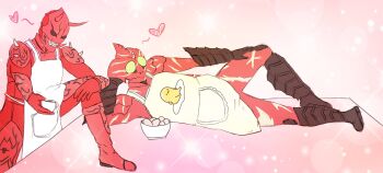 2boys apron armor bowl claws coffee coffee_mug cup egg foot_on_table green_eyes gudetama hand_on_knee heart helmet kamen_rider kamen_rider_amazon_alpha kamen_rider_amazons kamen_rider_den-o_(series) landscape lizard male_focus mask masked masked_male momotaros monster mug multiple_boys on_table oni powo.arts reclining red_armor sparkle table