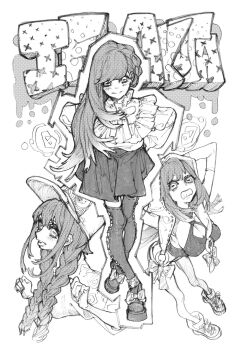  1girl amo_empool baseball_cap blouse boots bow braid breasts cleavage clenched_teeth closed_mouth footwear_bow gachiakuta greyscale hands_up hat highres hood hood_up looking_at_viewer low_twin_braids monochrome multiple_views official_art shirt shoes shorts sidelocks skirt smile sneakers teeth thighhighs twin_braids urana_kei 