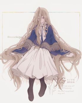  1girl absurdly_long_hair blonde_hair blue_poncho boots bow bowtie brown_boots closed_mouth dot_mouth dress fringe_trim full_body hair_between_eyes long_dress long_hair noichigo_f sense_(sousou_no_frieren) sitting solo sousou_no_frieren twitter_username very_long_hair white_background white_bow white_bowtie white_dress 