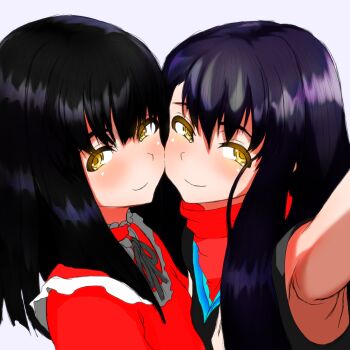  2girls armpits bare_arms beatrice_(wild_arms) black_dress black_hair closed_mouth commentary_request crossover dress fatal_frame fatal_frame:_mask_of_the_lunar_eclipse haibara_ayako highres long_hair looking_at_viewer multiple_girls purple_hair ribbon sam42 simple_background smile white_background wild_arms wild_arms_3 yellow_eyes 