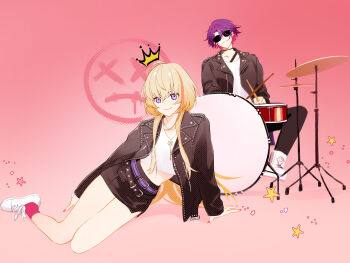  1boy 1girl absurdres belt belt_buckle black_belt black_jacket black_pants black_skirt blonde_hair buckle clip_studio_paint_(medium) closed_mouth crop_top drum drum_set drumsticks fang fang_out hair_intakes head_tilt highres holding instrument jacket jh kana_(fura_kanato) leaning_to_the_side long_hair long_sleeves midriff multicolored_hair nail_polish nijisanji open_clothes open_jacket orange_hair pants pink_background purple_belt purple_hair purple_nails red_hair red_socks shirt shoes sitting skirt smile socks streaked_hair sunglasses two-tone_hair very_long_hair virtual_youtuber watarai_hibari white_shirt white_shoes 