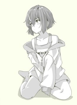  1girl chakoru character_name greyscale highres jacket jacket_partially_removed kantai_collection looking_to_the_side monochrome name_tag school_swimsuit short_hair sitting socks solo swimsuit swimsuit_under_clothes yokozuwari yukikaze_(kancolle) yukikaze_(swimsuit)_(kancolle) 