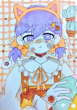  1boy alternate_costume animal_ear_hairband animal_ears blush bow bright_pupils cat_ear_hairband cat_ears character_sticker closed_mouth colored_skin commentary_request double-parted_bangs fake_animal_ears geldslzcyf59548 hair_between_eyes hair_bow hair_ornament hairband hairclip kel_(headspace)_(omori) kel_(omori) looking_at_viewer male_focus omori orange_bow pout purple_eyes purple_hair short_hair short_twintails solo speech_bubble spoken_squiggle squiggle sticker sticker_on_face tearing_up twintails upper_body white_pupils white_skin 